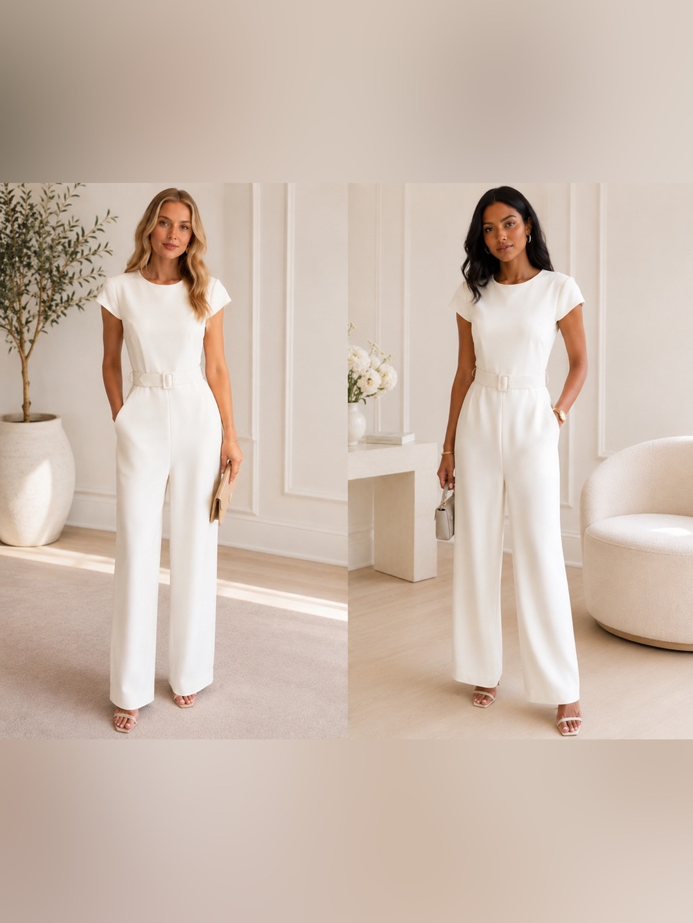 BADGLEY MISHKA White Belted Wide Leg Jumpsuit Size 12 Altered Inseam 28.5”